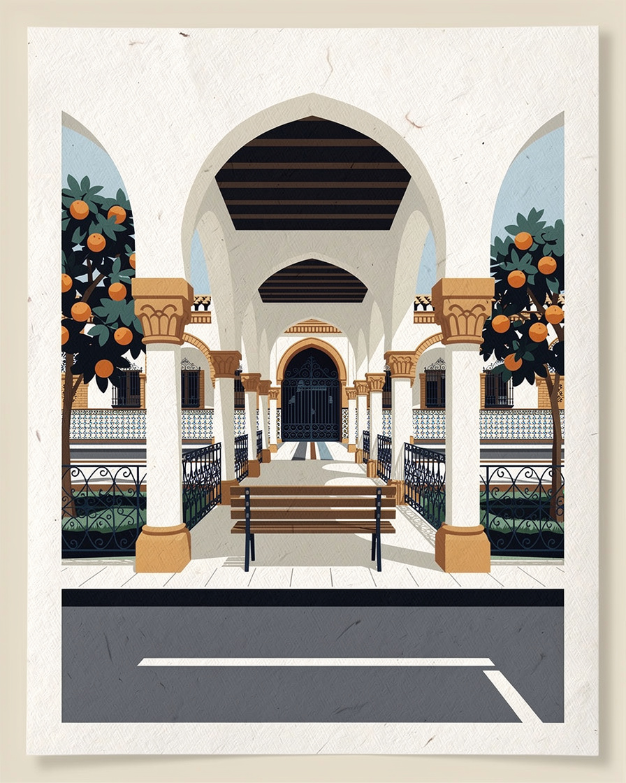 Pasarela cubierta que une un aparcamiento con una parada de transporte, con un banco vacío
