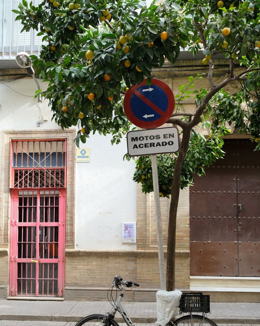 Plaza de aparcamiento marcada en el asfalto de una calle estrecha de Sevilla, con un parquímetro al lado