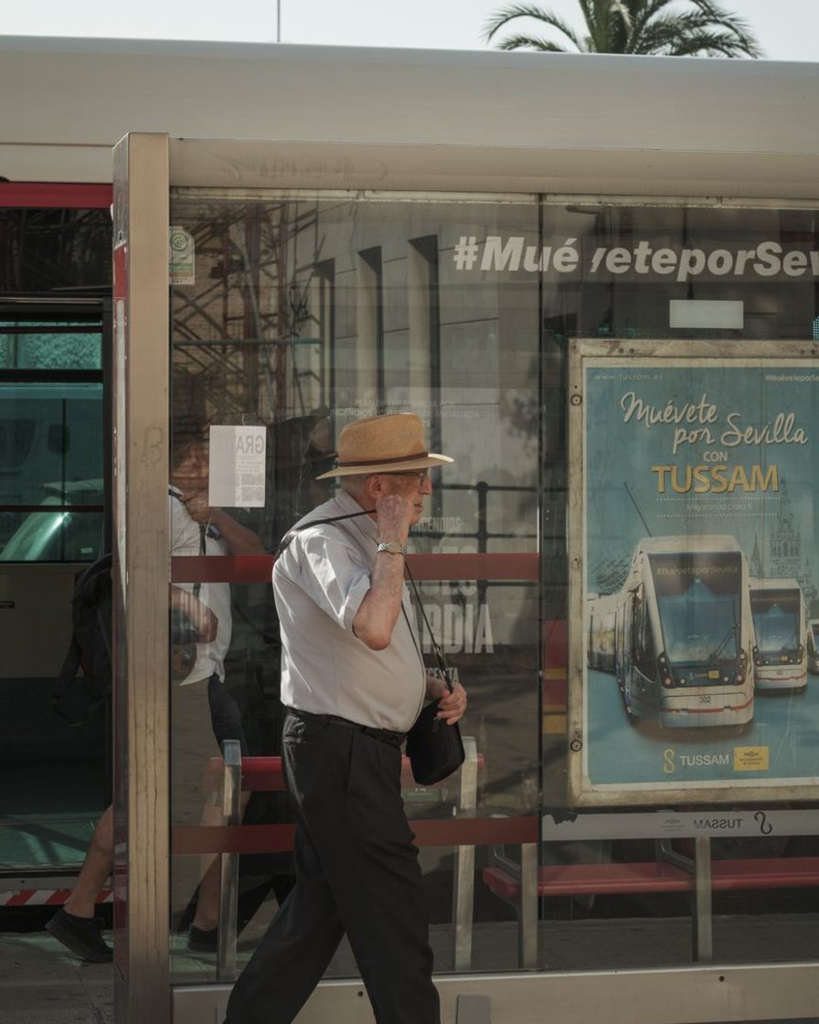 Tranvía Metrocentro detenido en una plataforma elevada de una avenida de Sevilla