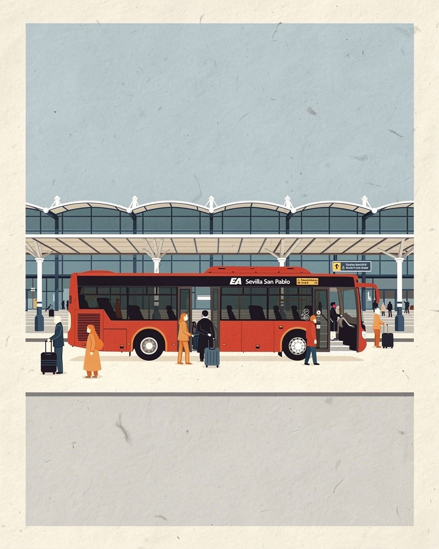 Autobús rojo de la línea EA de TUSSAM parado en la dársena del aeropuerto de Sevilla San Pablo, con pasajeros subiendo maletas y la terminal de fondo