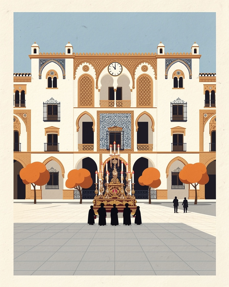 Reloj de la fachada de la catedral de Sevilla marcando las siete de la tarde sobre la Puerta de San Miguel, con un paso de misterio a punto de entrar y cirios encendidos
