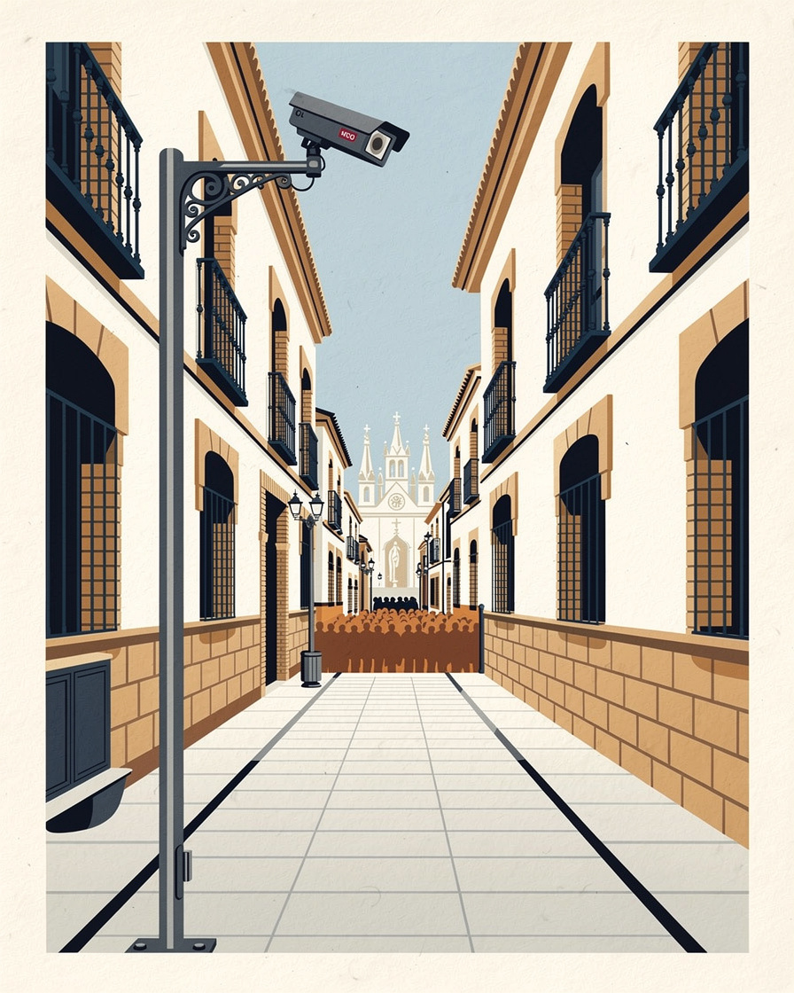 Cámara de videovigilancia municipal sobre un poste en una calle estrecha del centro de Sevilla, con la multitud de una procesión desenfocada al fondo