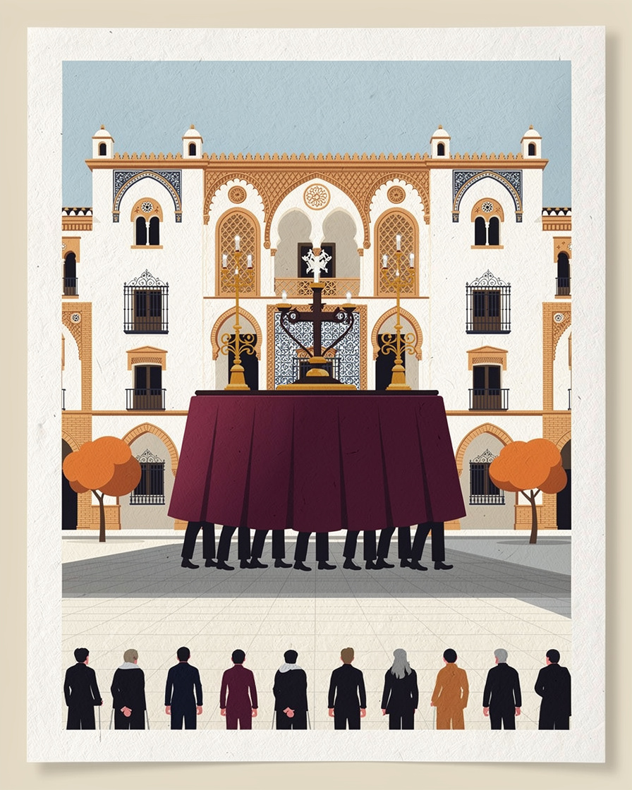 Costaleros bajo un paso en el momento de la levantá, vistos por debajo del faldón, en una plaza de Sevilla con público en primera fila