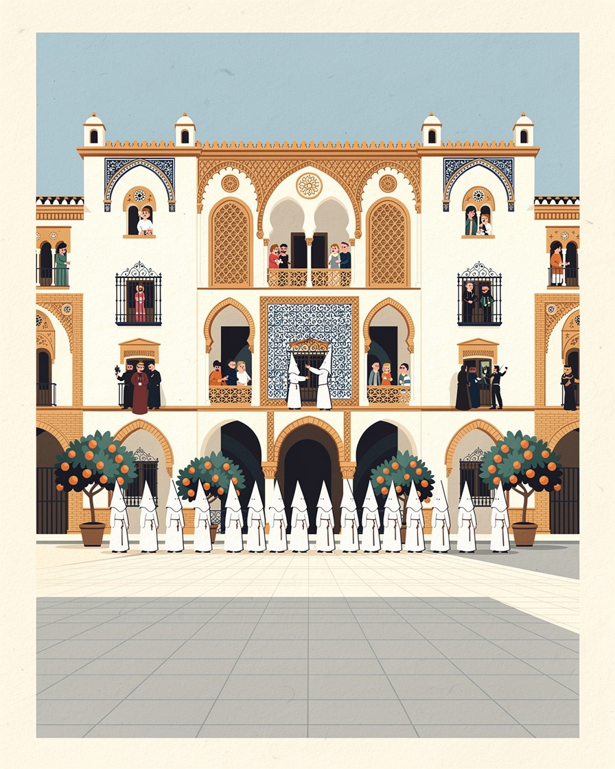 Nazarenos con antifaz blanco saliendo en fila de una iglesia de barrio de Sevilla a primera hora de la tarde, con vecinos asomados a las ventanas