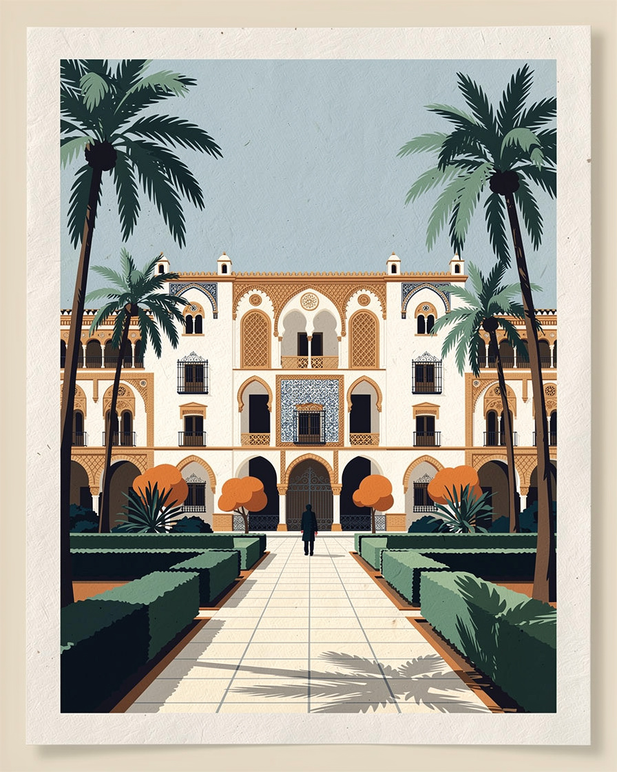 Jardines del Real Alcázar de Sevilla con la galería del Grutesco al fondo, palmeras y setos recortados, y un visitante solo en el paseo central por la mañana