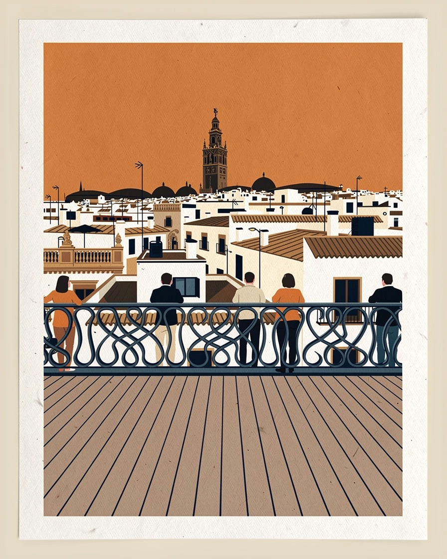 La pasarela superior de Las Setas de Sevilla al atardecer, con los tejados del centro y la Giralda recortados contra un cielo naranja y varias personas apoyadas en la barandilla