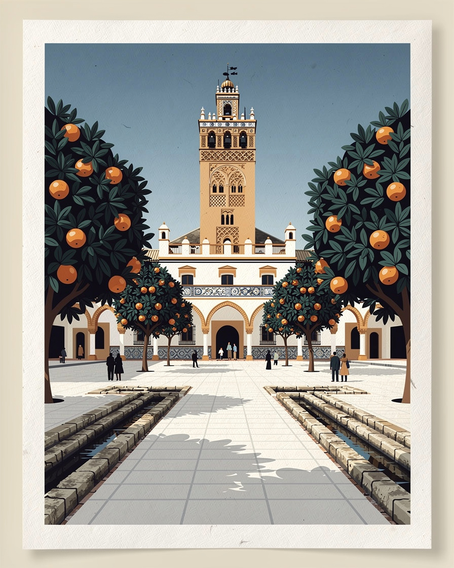 La Giralda vista desde el Patio de los Naranjos de la catedral de Sevilla, entre las copas de los naranjos y las acequias del pavimento, con luz de mediodía