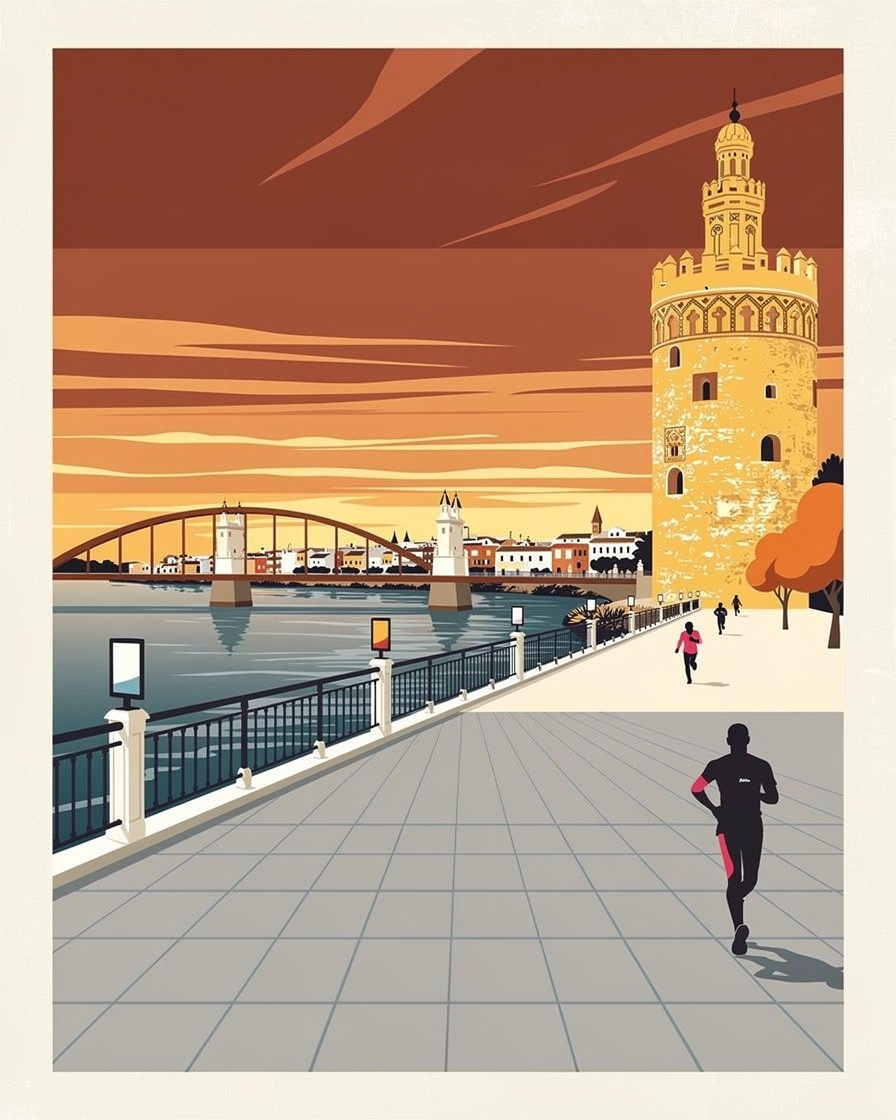 Paseo de la orilla del Guadalquivir en Sevilla al atardecer, con la Torre del Oro dorada a la derecha, corredores y el puente de Triana al fondo